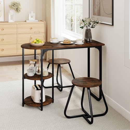 3-Piece Dining Table Set, Wooden Industrial Kitchen Table and 2 Stools with 2-Tier Storage Shelves and Metal Frame, Space Saving Dinette Set for Living Room, Breakfast Nook, Rustic Brown