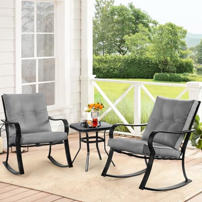 3-Piece Outdoor Rocking Chairs Bistro Set, Black Iron Patio Furniture with Gray Thickened Cushion & Glass-Top Coffee Table