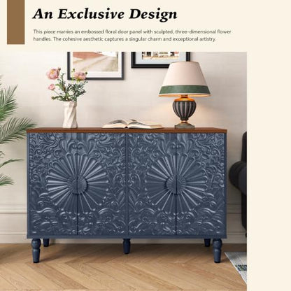 Blue Sideboard Buffet Cabinet with Embossed Floral Doors, view 7