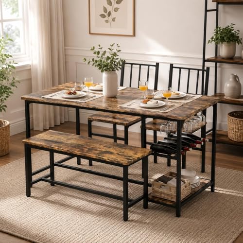 Dining Table Set for 4 with Bench, 55" Kitchen Table and Chairs Set with Wine Rack, Glass Holder & Storage Shelves, Space Saving Dining Room Table Set for Small Kitchen, Apartment, Rustic Brown