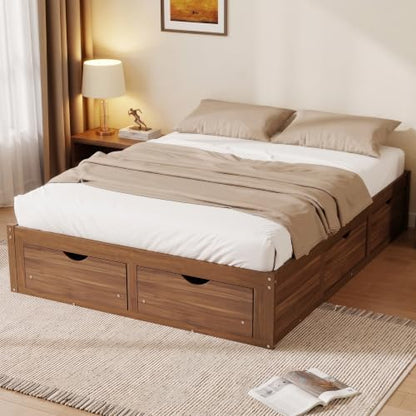 JIVOIT Queen Size Solid Wood Storage Platform Bed with 6 Drawers, Pine Wood Bed (Light Walnut-Queen,7)