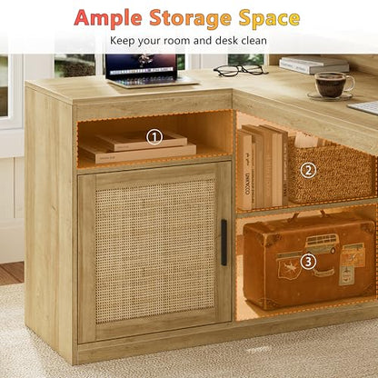 Farmhouse L Shaped Desk with Drawers, 62.2" Home Office Desk with Storage Shelves and Power Outlet, L Shaped Computer Desk with Monitor Stand and Printer Shelf, Oak/Rattan