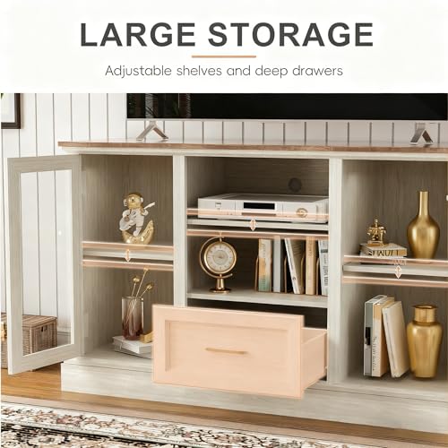 Farmhouse TV Stand for 55/60/65 Inch TV, Tall Media Console with 2 Glass Doors & 3 Adjustable Shelves, Wood Entertainment Center with Cubbies & Drawers for Living Room, Rustic White