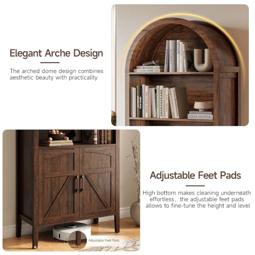 Brown 5-tier arched bookshelf with door and adjustable shelves, view 7