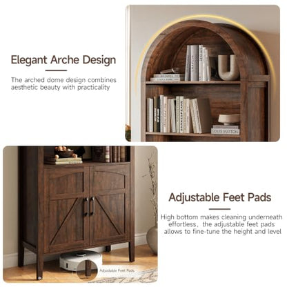 Brown 5-tier arched bookshelf with door and adjustable shelves, view 7