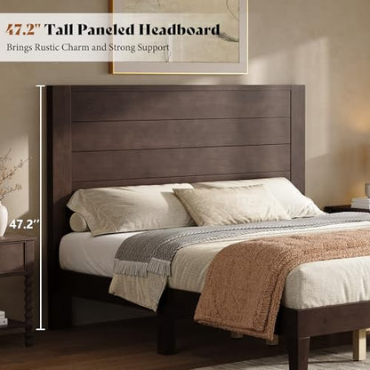 Queen Size Solid Wood Bed Frame with 48" Headboard Design, Walnut, view 5