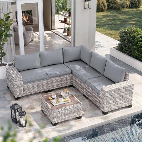 Outdoor Patio Furniture Set PE Wicker Rattan Outdoor Sectional Sofa | Patio Conversation Set with Chunky Arms Thickened Cushions & Glass Coffee Table for Garden, Backyard, Poolside, Grey