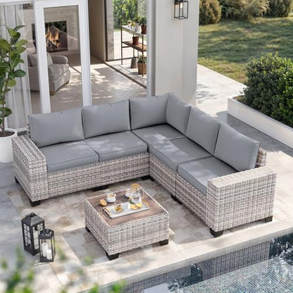 Outdoor Patio Furniture Set PE Wicker Rattan Outdoor Sectional Sofa | Patio Conversation Set with Chunky Arms Thickened Cushions & Glass Coffee Table for Garden, Backyard, Poolside, Grey