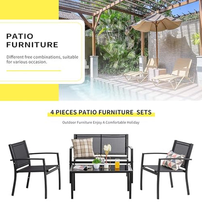 4 Pieces Patio Furniture Set All Weather Textile Fabric Outdoor Conversation Set, with Glass Coffee Table, Loveseat, 2 Single Chairs for Home, Garden, Lawn, Porch（Black）