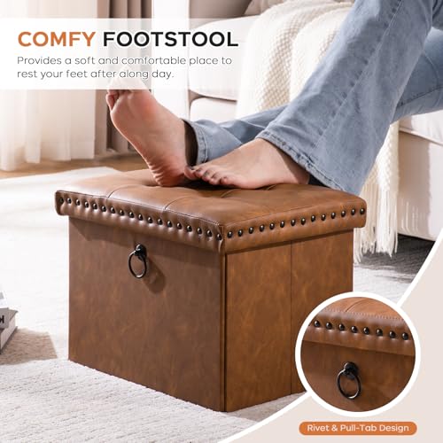 Folding Storage Ottoman 16x12x12 inches, Small Faux Leather Foot Rest Stool with Button Tufted Rivet Design, Footstool Bench, Ottoman with Storage for Living Room Bedroom Coffee Table, Brown