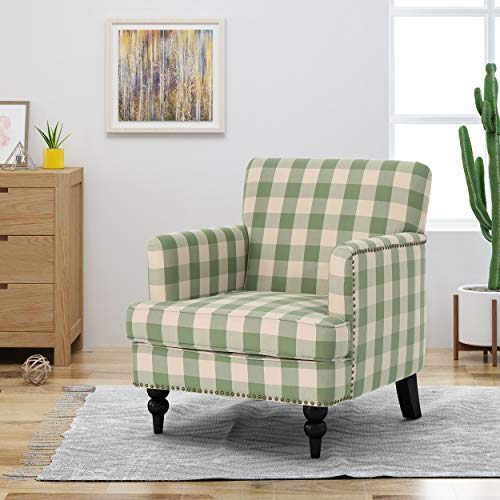 Eve Modern Upholstered Club Chair, Wooden Living Room Accent Chair, Comfy Bedroom Reading Chair, Multifunctional Armchair, Green Checkerboard