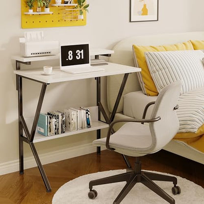 Small Desk, Small Computer Desk for Spaces, 27.5 Inch Computer Desk with Adjustable Monitor Stand, Compact Desk with Storage for Bedroom Home Office, White Tabletop+Black Frame