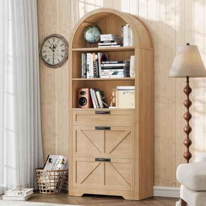 Natural Wood Arched Bookcase with File Drawers, 3-Tier Shelves, view 2