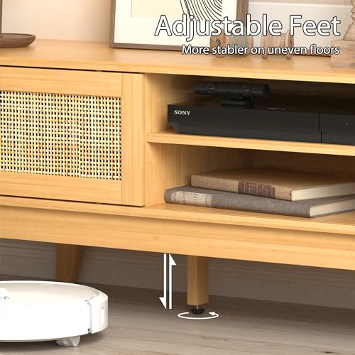Boho TV Stand for 55 65 Inch TV, Rattan Entertainment Center with Shelves, Cabinets and Sliding Doors, TV Media Console Table with Solid Wood Feet & Cord Holes for Living Room, Bedroom, Natural