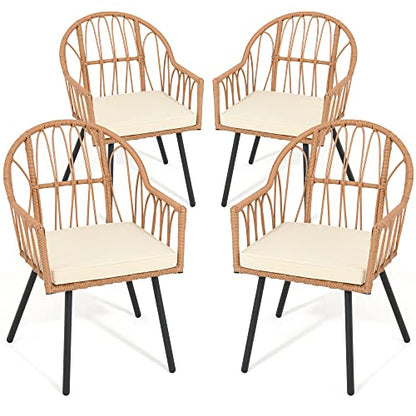 4 Pieces Rattan Wicker Dinning Chairs, Outdoor Indoor Patio Furniture Set with Cushion and Curved Back All Weather Bistro Chair for Garden Backyard Porch Poolside Restaurant (Beige)