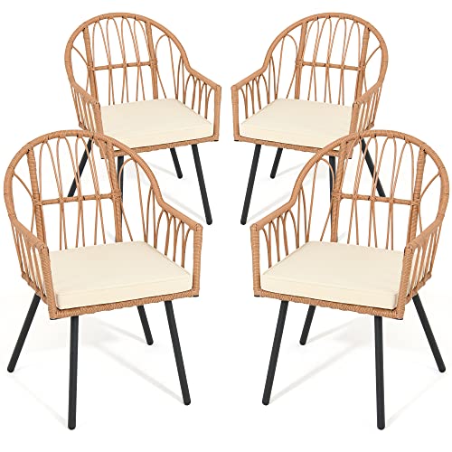 4 Pieces Rattan Wicker Dinning Chairs, Outdoor Indoor Patio Furniture Set with Cushion and Curved Back All Weather Bistro Chair for Garden Backyard Porch Poolside Restaurant (Beige)