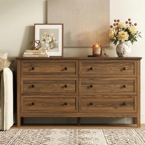 Walnut 6 Drawer Dresser for Bedroom, 55" Wood Chests of Drawers for Hallway, view 8