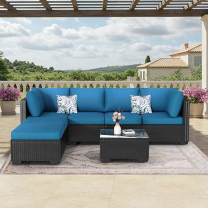 7 Piece Outdoor Patio Furniture Set, PE Rattan Outdoor Wicker Sectional Furniture Chair Set with Cushions and Tea Table, Black Rattan and Peacock Blue Cushion