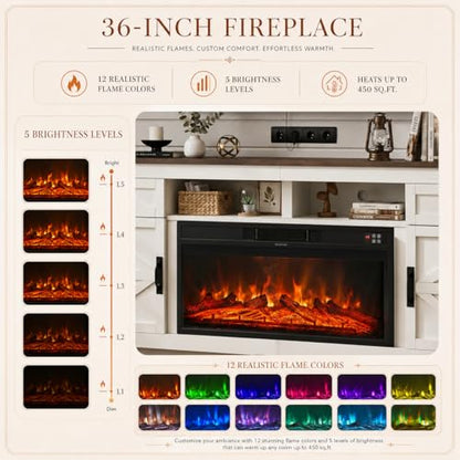 Farmhouse Fireplace TV Stand with Barn Door, 80 inch, White, view 5
