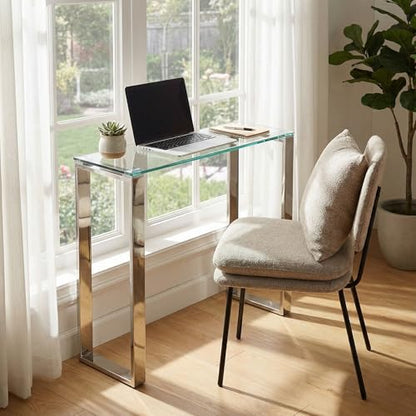 Forli Small Entry Way Console Table Contemporary Glass and Stainless Steel Finish 28 in Wide Accent, Silver and Clear