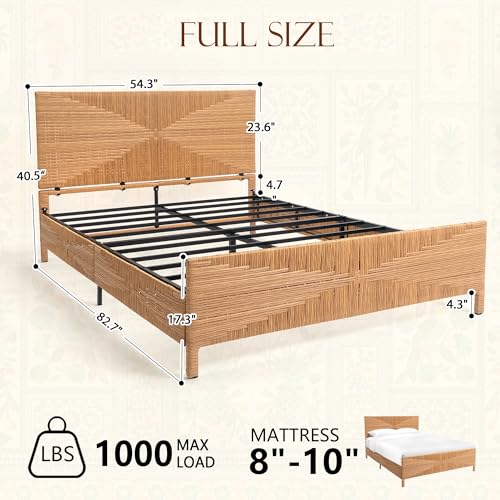 Boho Full Rattan Bed Frame with Headboard and Footboard, Hand Woven PE Wicker Bed, Mid Century Modern Metal Bedframe with Bamboo Style Design, Sturdy Metal Slats, 1000lbs, No Box Spring Needed