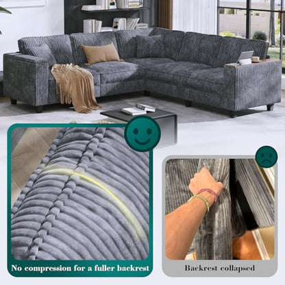 97” Modular Sectional Sofa Corduroy Couch Sectional with 2 Pillows Oversized Sectional Sofa L Shaped Couch Armrests with Two Hidden Storage Space Sectional Couches for Living Room Grey
