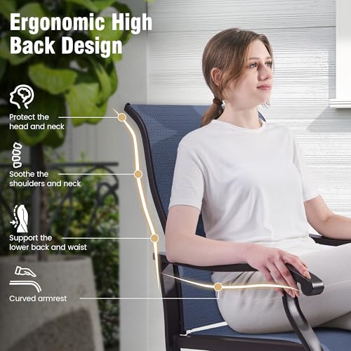 Patio Swivel Chairs Set of 2, Outdoor Swivel Rocker Dining Chairs with All Weather Textilene High Back & Metal Frame, for Backyard Deck Lawn Garden, Navy Blue