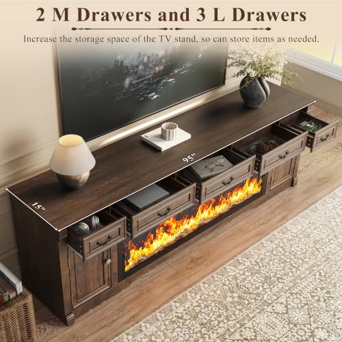 95" Fireplace Farmhouse TV Stand with 60" Electric Fireplace w Remote,Brown, view 5