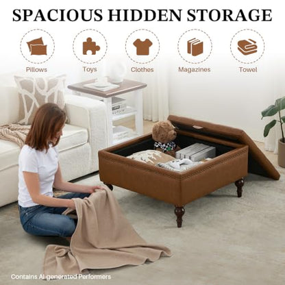 Storage Ottoman Coffee Table, Large Ottoman with Storage Oversized Square Footstool with Anti-Slip Embedded Lid, Tufted Upholstered Ottomans for Living Room, Brown Faux Leather