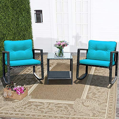 3 Pieces Patio Wicker Rocking Bistro Set, Outdoor Rocking Chair Furniture Set w/Cushioned Seat, Conversation Set w/Glass Coffee Table and Storage Shelf (Turquoise)