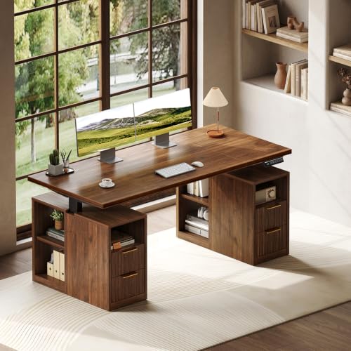 Fluted 55 Inch Electric Standing Desk with 2 Storage Cabinet, Walnut, view 2