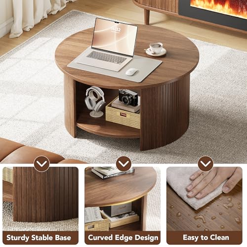 Round Coffee Table with Storage, 31.5" Modern Fluted Center Table, 2-Tier Mid Century Coffee Table, Wood Circle Table for Living Room, Home Office, Small Space, Walnut