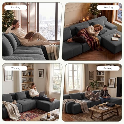 118'' Modular Sectional Oversized Boneless Couch, Tufted Cloud Sectional Couches for Living Room, L Shape Deep Seat Sofa with Ottoman & 3 Throw Pillows,Corduroy Couch,Dark Grey