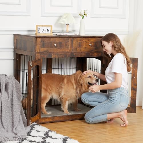 GarveeHome Dog Crate Furniture,Wood Kennel Indoor with Drawers Storage, view 3