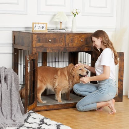 GarveeHome Dog Crate Furniture,Wood Kennel Indoor with Drawers Storage, view 3