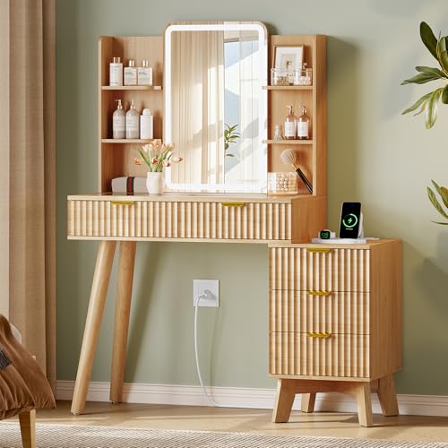 Fluted Vanity Desk with LED Lights Mirror & Charging Station, Oak, view 2