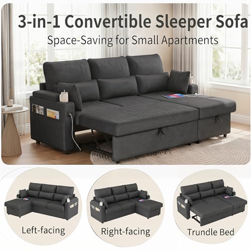 L-Sofa Bed Sleeper Pull Out with Storage Function and Two USB Ports and Cup, view 5