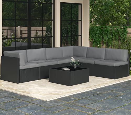 7 Piece Outdoor Patio Furniture Set, Outdoor Sectional Conversation Furniture Chair with Coffee Table,Patio Sectional for Garden,Backyard(Grey Cushions and Black PE Rattan)