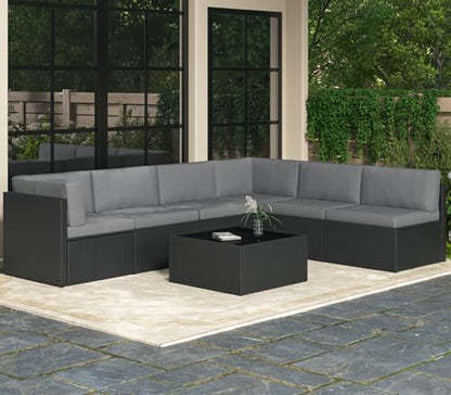7 Piece Outdoor Patio Furniture Set, Outdoor Sectional Conversation Furniture Chair with Coffee Table,Patio Sectional for Garden,Backyard(Grey Cushions and Black PE Rattan)