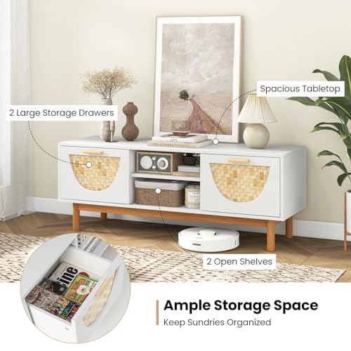 White TV Stand for 55 Inch TVs, Mid Century Modern Entertainment Center with 2 Drawers & Bamboo Woven Fronts, Solid Wood Legs, Boho TV Console Table for Living Room (White, 47.5”, for 55"TV)