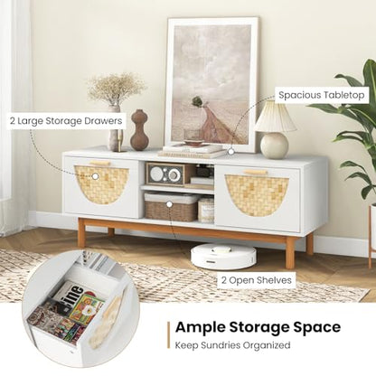 White TV Stand for 55 Inch TVs, Mid Century Modern Entertainment Center with 2 Drawers & Bamboo Woven Fronts, Solid Wood Legs, Boho TV Console Table for Living Room (White, 47.5”, for 55"TV)