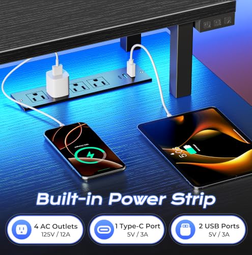 55 inch Gaming Desk, LED & Power Outlets, Monitor Stand, Black, view 6
