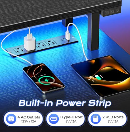 55 inch Gaming Desk, LED & Power Outlets, Monitor Stand, Black, view 6