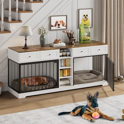 82" Double Dog Crate Furniture with Drawers and Shelves, White, view 3