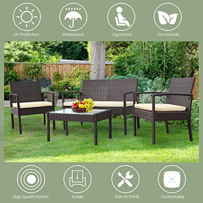 4 Piece Outdoor Patio Furniture Set, Rattan Patio Conversation Set | Thick Polyester Cushions, Tempered Coffee Table, Steel Frame Easy Assembly, Suit for Backyard Porch Poolside Balcony, Beige