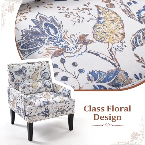 Floral Accent Chair Set of 2 with Lumbar Pillow,Upholstered Wingback Reading Armchair with Nailhead Trim, Mid-Century Single Sofa Chair for Living Room, Bedroom, Blue Floral