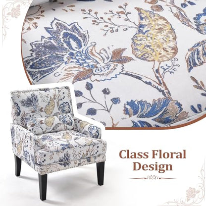 Floral Accent Chair Set of 2 with Lumbar Pillow,Upholstered Wingback Reading Armchair with Nailhead Trim, Mid-Century Single Sofa Chair for Living Room, Bedroom, Blue Floral
