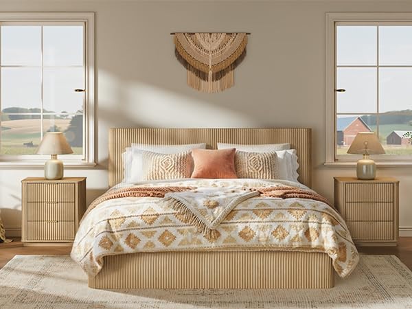 Fluted King Size Platform Bed Frame with Lift up Storage, Oak, view 4