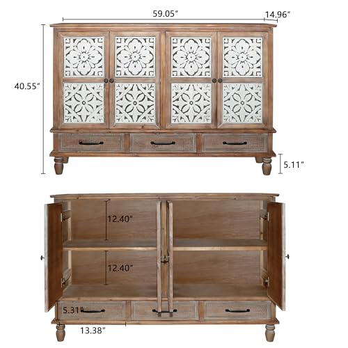 59" Vintage Sideboard Buffet Cabinet with Storage,French Country Sideboard with Carved Doors,Farmhouse Credenza Accent Cabinet, Natural Wood