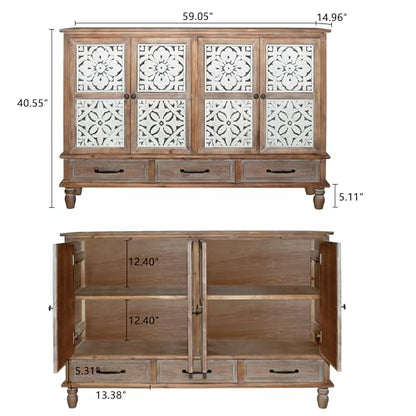 59" Vintage Sideboard Buffet Cabinet with Storage,French Country Sideboard with Carved Doors,Farmhouse Credenza Accent Cabinet, Natural Wood